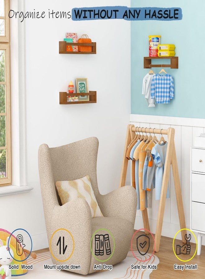 Harwaya Walnut Brown Nursery Book Shelves Wall Mounted, Wooden Floating Bookshelf for Kids Room Bedroom, Dark Wood Nursery Bookshelves for Kitchen Classroom Playroom (Solid Pine, 3-Pack) - Image 5