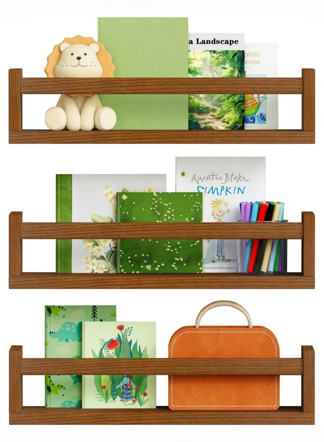 Harwaya Walnut Brown Nursery Book Shelves Wall Mounted, Wooden Floating Bookshelf for Kids Room Bedroom, Dark Wood Nursery Bookshelves for Kitchen Classroom Playroom (Solid Pine, 3-Pack) - Image 1