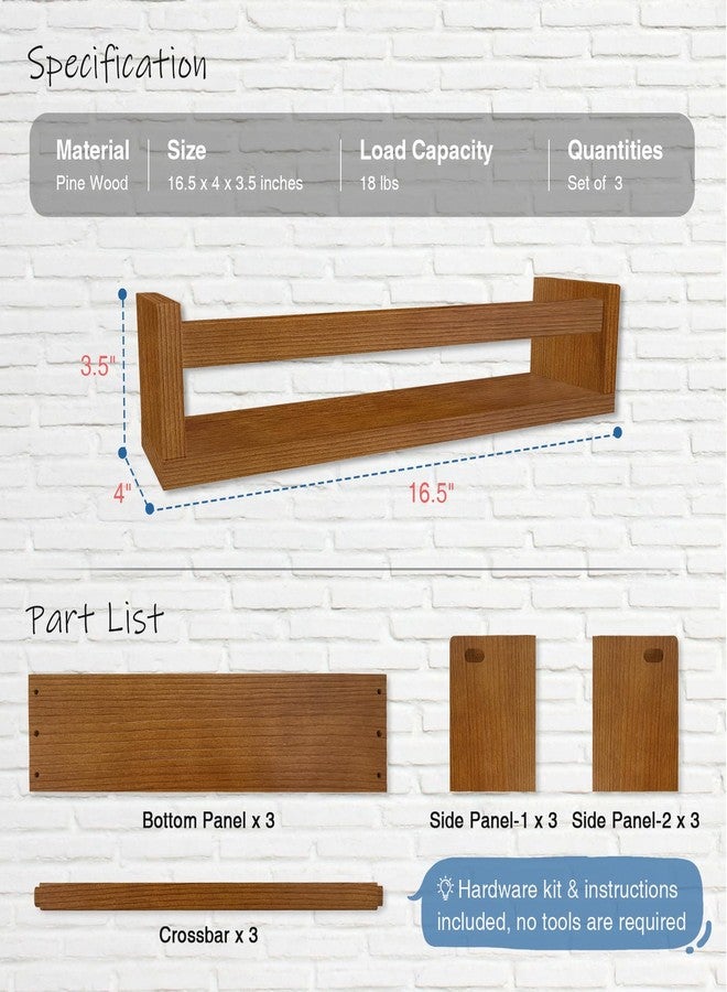 Harwaya Walnut Brown Nursery Book Shelves Wall Mounted, Wooden Floating Bookshelf for Kids Room Bedroom, Dark Wood Nursery Bookshelves for Kitchen Classroom Playroom (Solid Pine, 3-Pack) - Image 2