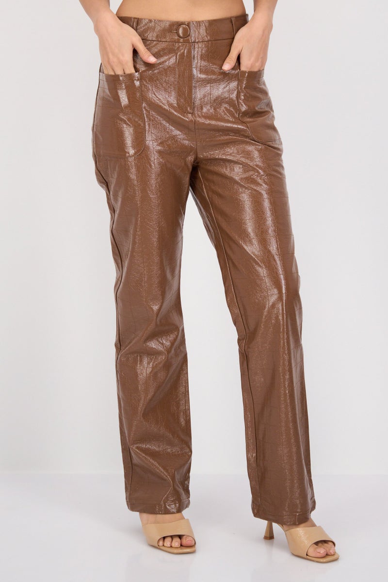 4th & Reckless Women Regular Fit Solid Straight Pants, Brown  - Image 1