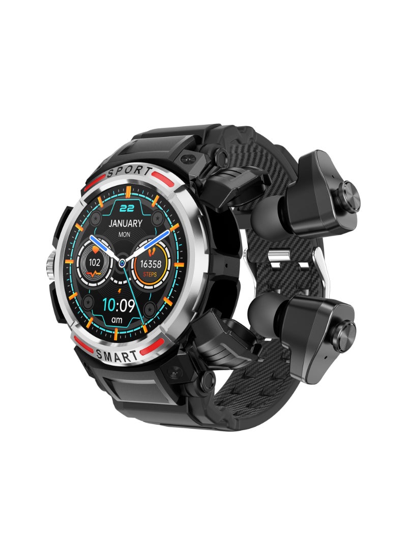 GT 100 Bluetooth Smart Watch With Earbuds 1.43 HD Screen For Men Rugged Bluetooth Call Answer Calls Fitness Tracker Ip67 Waterproof AI Voice Assistant Silver - Image 1