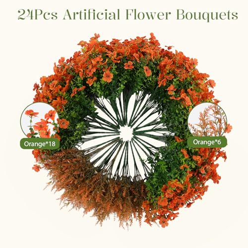 SHareconn 24 Bundles Artificial Flowers for Outdoors Decoration Faux Plants Fake Silk Colorful Daisy Eucalyptus Lavender UV Resistant for Outside Home Porch Patio Indoor Spring Decor Orange - Image 3