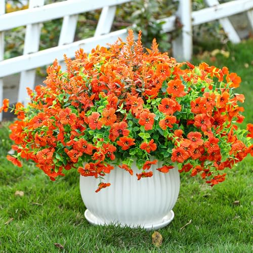 SHareconn 24 Bundles Artificial Flowers for Outdoors Decoration Faux Plants Fake Silk Colorful Daisy Eucalyptus Lavender UV Resistant for Outside Home Porch Patio Indoor Spring Decor Orange - Image 1