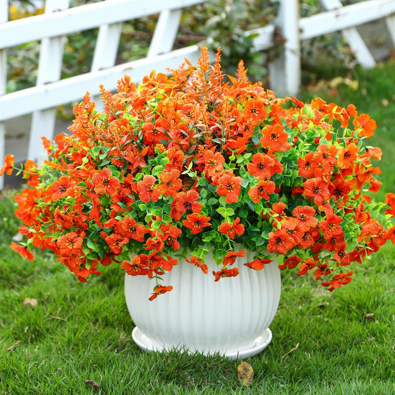 SHareconn 24 Bundles Artificial Flowers for Outdoors Decoration Faux Plants Fake Silk Colorful Daisy Eucalyptus Lavender UV Resistant for Outside Home Porch Patio Indoor Spring Decor Orange - Image 2