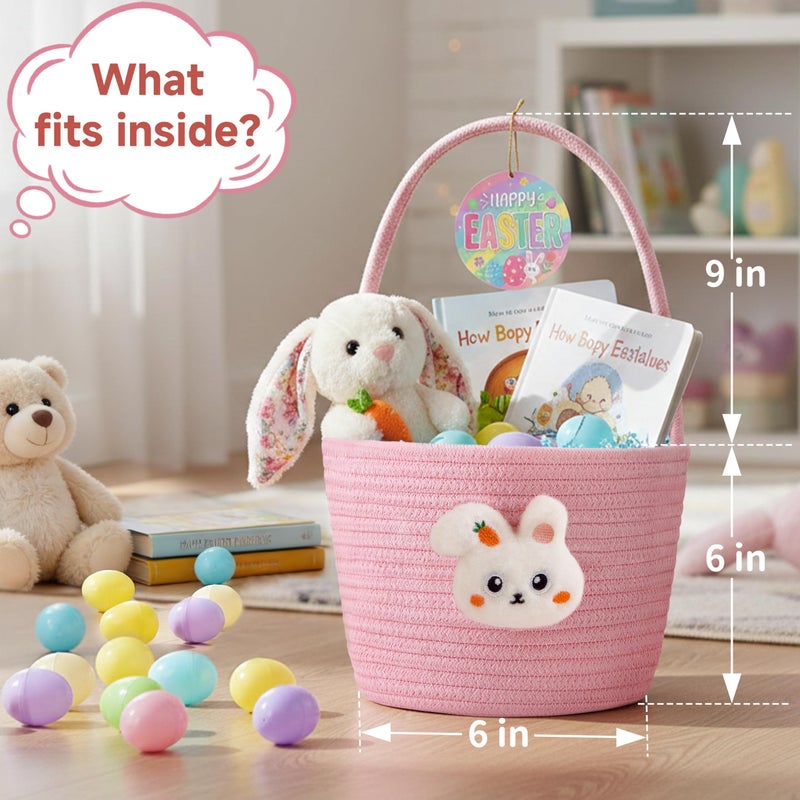 Yeeeasy Easter Basket for Kids, Adorable Plush Bunny Face Woven Egg Hunt Bucket with Handle, Soft First Easter Gift Tote Bag, Nursery Toy Storage Bin with Tag, Pink - Image 2