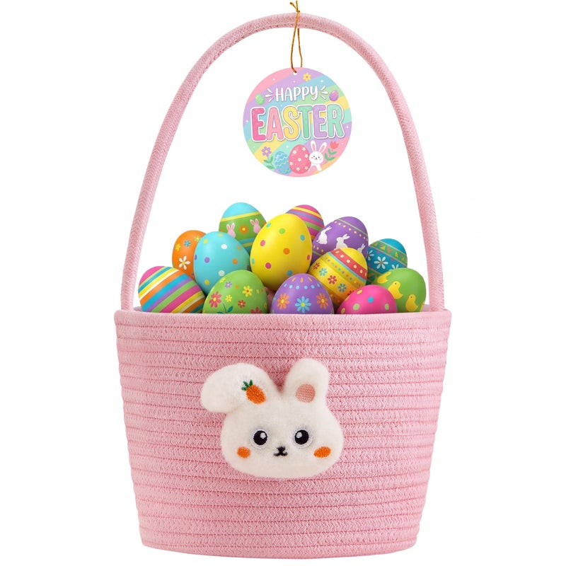 Yeeeasy Easter Basket for Kids, Adorable Plush Bunny Face Woven Egg Hunt Bucket with Handle, Soft First Easter Gift Tote Bag, Nursery Toy Storage Bin with Tag, Pink - Image 1