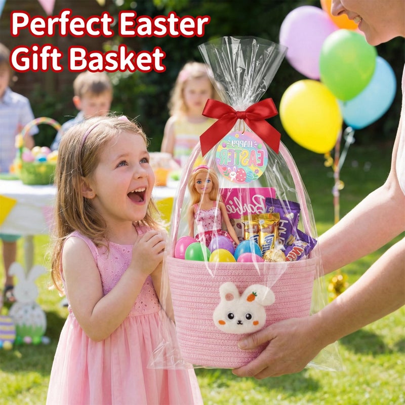 Yeeeasy Easter Basket for Kids, Adorable Plush Bunny Face Woven Egg Hunt Bucket with Handle, Soft First Easter Gift Tote Bag, Nursery Toy Storage Bin with Tag, Pink - Image 5