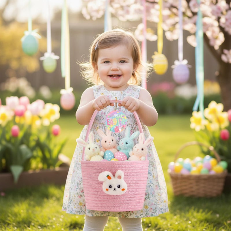 Yeeeasy Easter Basket for Kids, Adorable Plush Bunny Face Woven Egg Hunt Bucket with Handle, Soft First Easter Gift Tote Bag, Nursery Toy Storage Bin with Tag, Pink - Image 4