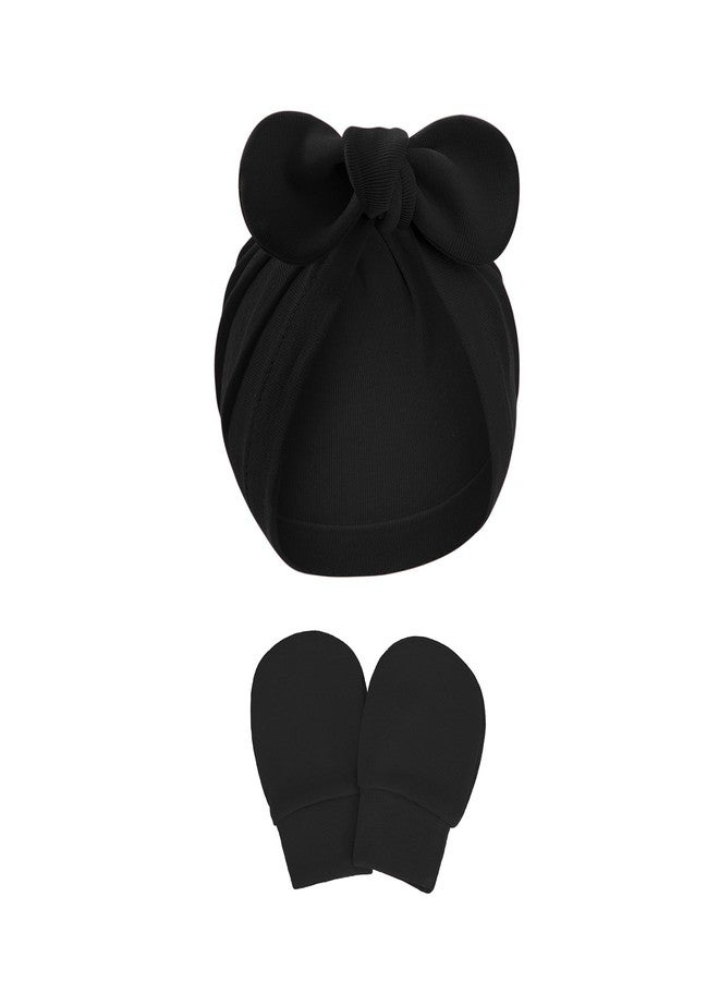 Zando Big Bow Baby Hats and Mittens Newborn Hat Essentials Cotton Warmth Safety Anti-Scratch Infant Hospital Hat Baby Black Turban for Christmas Hallowmas Daily Sleep Birthday Girls Boys 0-2T - Image 1
