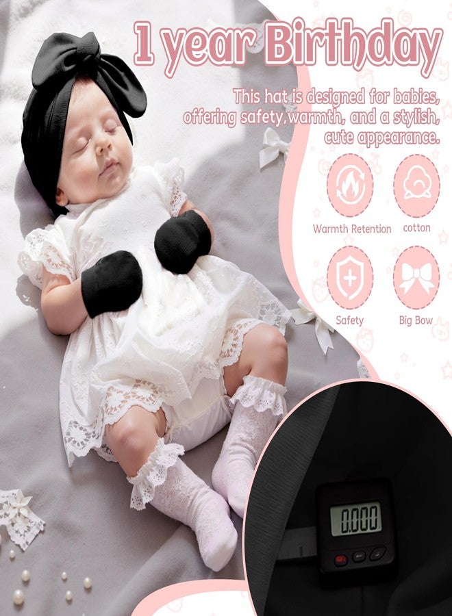 Zando Big Bow Baby Hats and Mittens Newborn Hat Essentials Cotton Warmth Safety Anti-Scratch Infant Hospital Hat Baby Black Turban for Christmas Hallowmas Daily Sleep Birthday Girls Boys 0-2T - Image 2