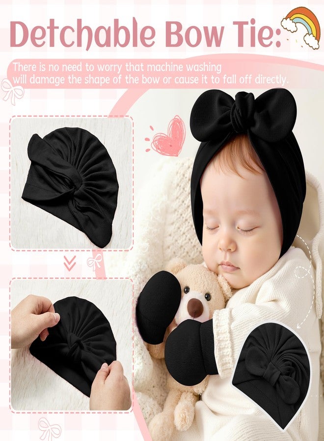 Zando Big Bow Baby Hats and Mittens Newborn Hat Essentials Cotton Warmth Safety Anti-Scratch Infant Hospital Hat Baby Black Turban for Christmas Hallowmas Daily Sleep Birthday Girls Boys 0-2T - Image 4