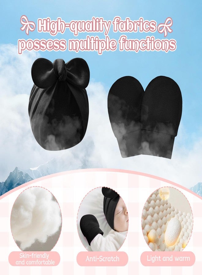 Zando Big Bow Baby Hats and Mittens Newborn Hat Essentials Cotton Warmth Safety Anti-Scratch Infant Hospital Hat Baby Black Turban for Christmas Hallowmas Daily Sleep Birthday Girls Boys 0-2T - Image 3