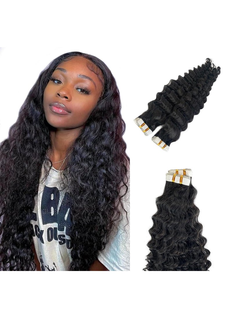 Licoville - Curly Tape in Hair Extensions Human Hair Black Women 40PCS 100G Full Head Double Sided Deep Wave Tape in Hair Extensions Real Human Hair Natural Black Tape in Extensions 20 Inch - Image 1