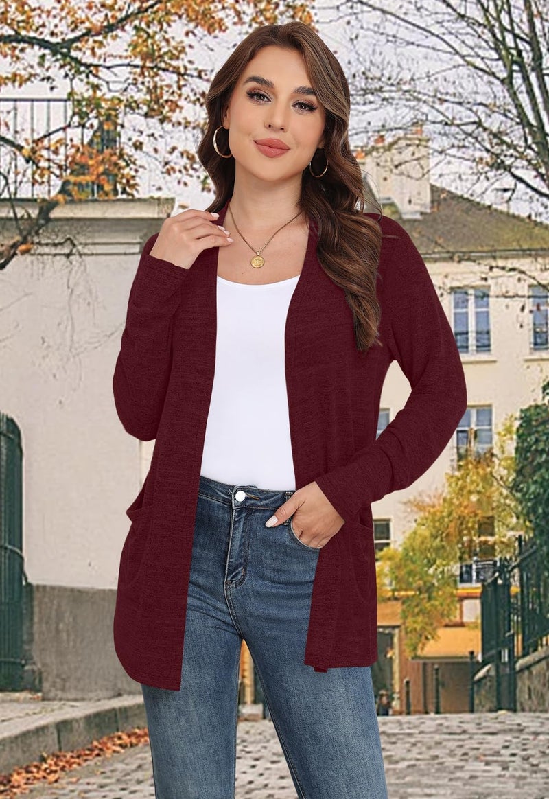 Yincro Womens Lightweight Cardigan Long Sleeve Open Front Casual Sweater Cardigans with Pockets (Wine Red, XL) - Image 5