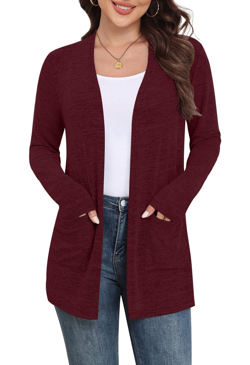Yincro Womens Lightweight Cardigan Long Sleeve Open Front Casual Sweater Cardigans with Pockets (Wine Red, XL) - Image 1