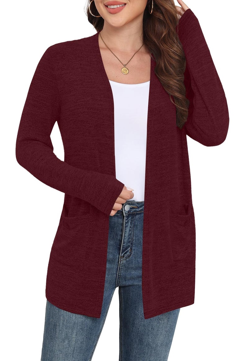 Yincro Womens Lightweight Cardigan Long Sleeve Open Front Casual Sweater Cardigans with Pockets (Wine Red, XL) - Image 4