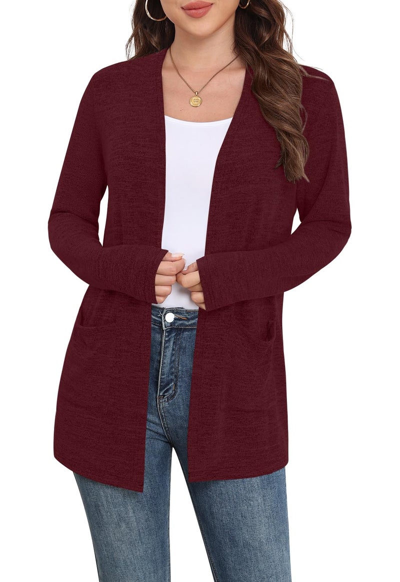 Yincro Womens Lightweight Cardigan Long Sleeve Open Front Casual Sweater Cardigans with Pockets (Wine Red, XL) - Image 3