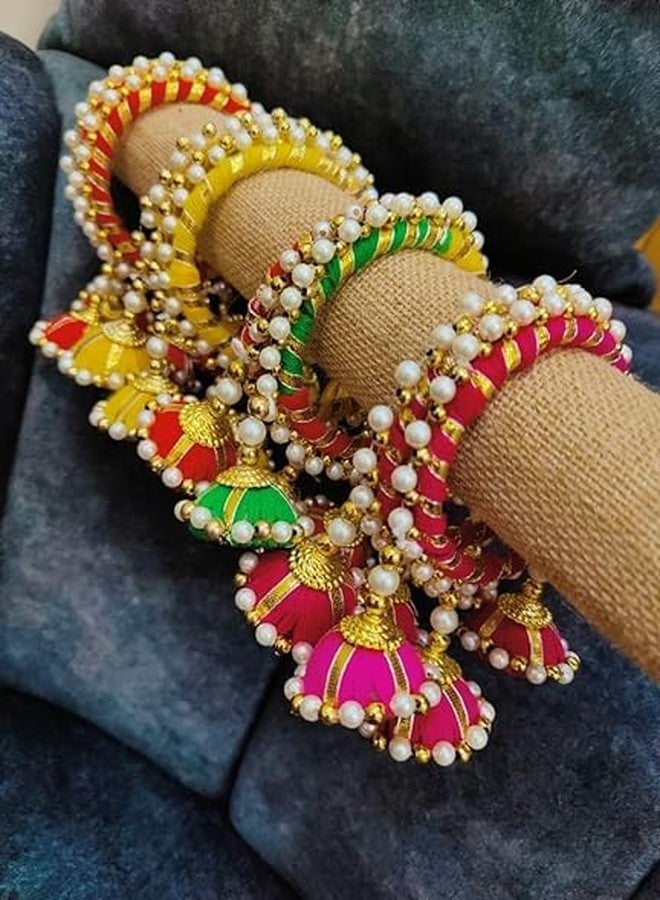ANISHOP kodi multicolor assorted bangles with hangings, Mehandi Giveaways, Traditional Lumba, Chuda Hanging Rakhi for Women, Kada Rakhi For Bhabhi Set of 2pairs (4ieces) - Image 2
