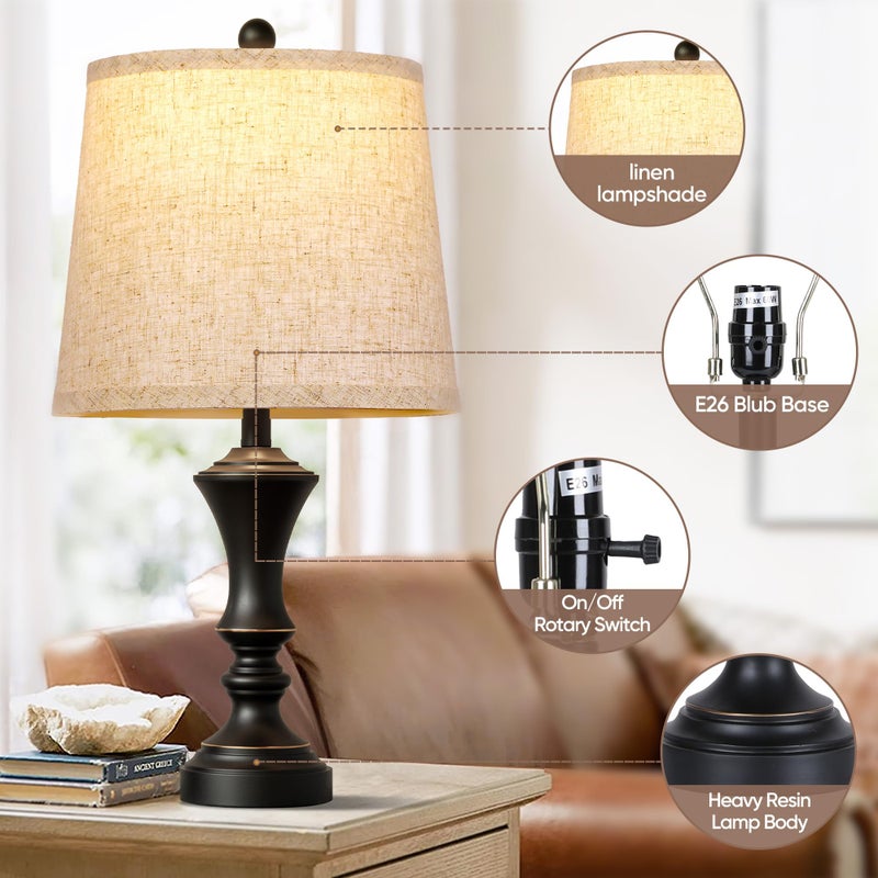 ROTTOGOON Retro Table Lamps Set of 2, Nightstand Lamp for Bedroom Vintage Rustic Table Lamps for Living Room Traditional Nightstand Bedside Lamps 22" (Black) Bulb NOT Included - Image 3