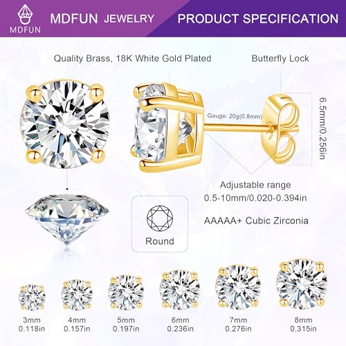 MDFUN 6 أزواج من أقراط الأذن المصنوعة من الذهب الأصفر عيار 14 قيراط مع قطع دائري من زركونيا مكعبة واضحة - Image 2