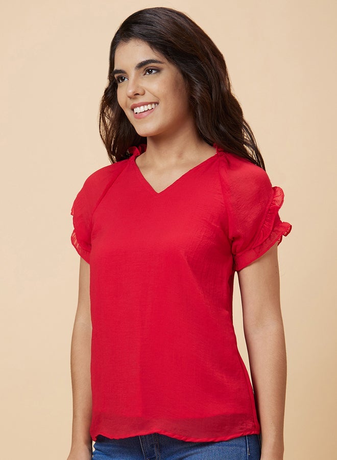 Globus Red Solid V Neck Top - Image 4