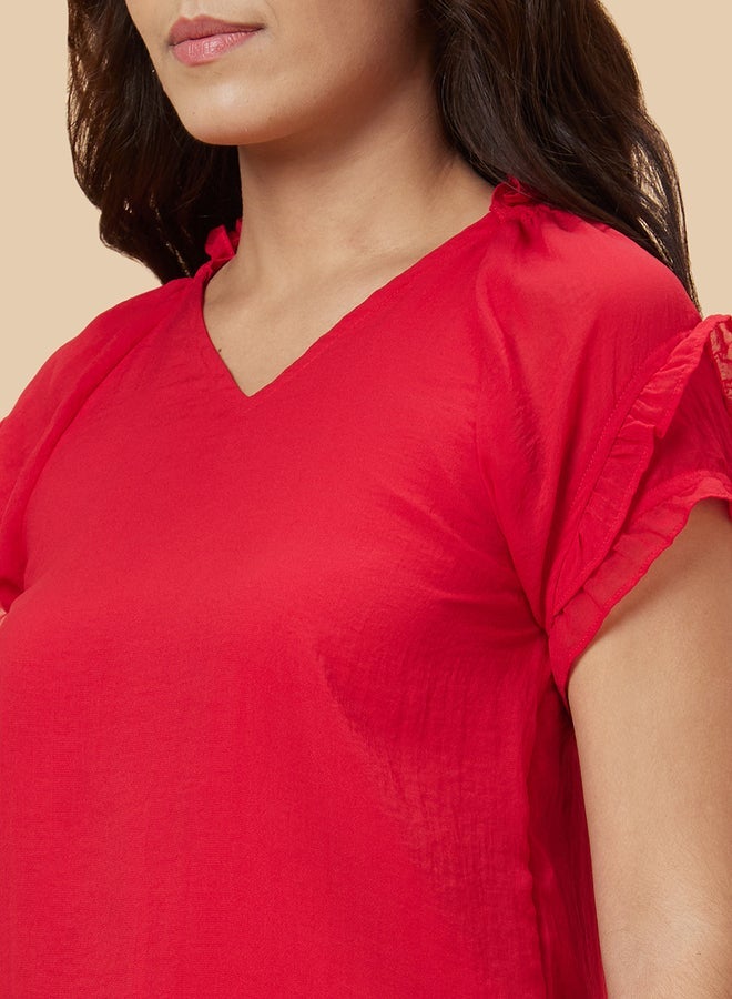 Globus Red Solid V Neck Top - Image 5