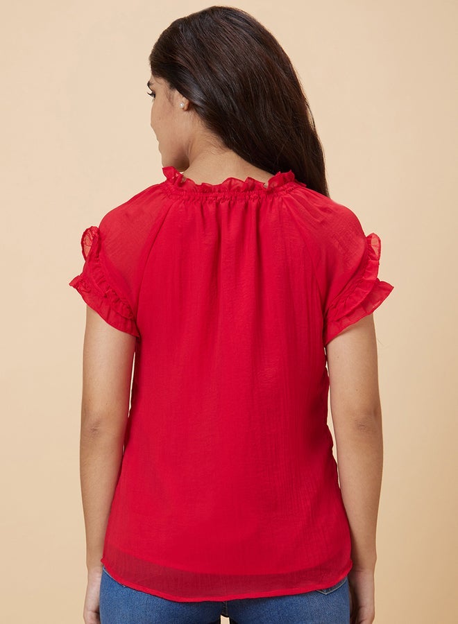 Globus Red Solid V Neck Top - Image 3