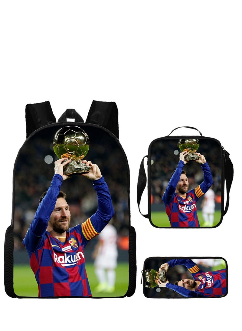 Bluejw مجموعة من 3 قطع من حقيبة الظهر المدرسية للأطفال من MESSI حقيبة كتب مدرسية للأولاد المراهقين مع حقيبة غداء وقلم - Image 1
