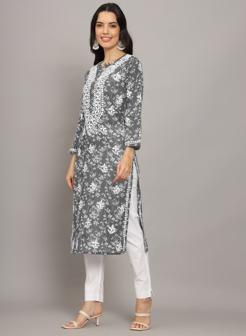 Alaya Women Hand Embroidered Chikankari Mulmul Cotton Printed Kurta-AL4041 - Image 3
