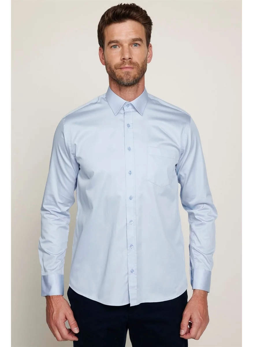 Tudors Classic Fit Cotton Satin Men's Blue Shirt