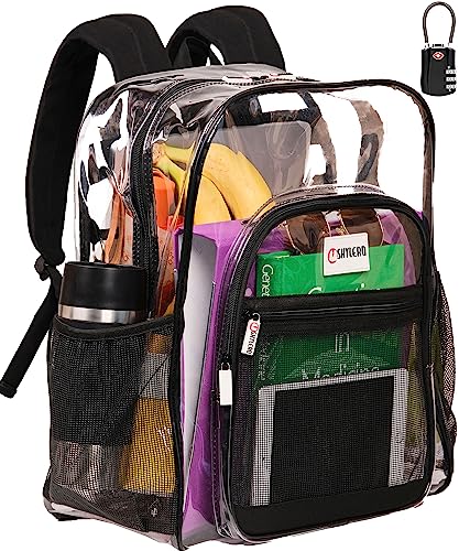 SHYLERO Clear Backpack Heavy Duty has TSA Lock, 2-Way Zipper. PVC Transparent Backpack X-Large - H18''xW14''xD8 - Black - Image 1