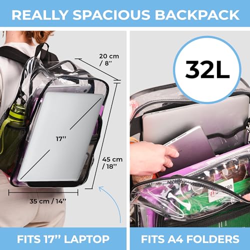 SHYLERO Clear Backpack Heavy Duty has TSA Lock, 2-Way Zipper. PVC Transparent Backpack X-Large - H18''xW14''xD8 - Black - Image 4