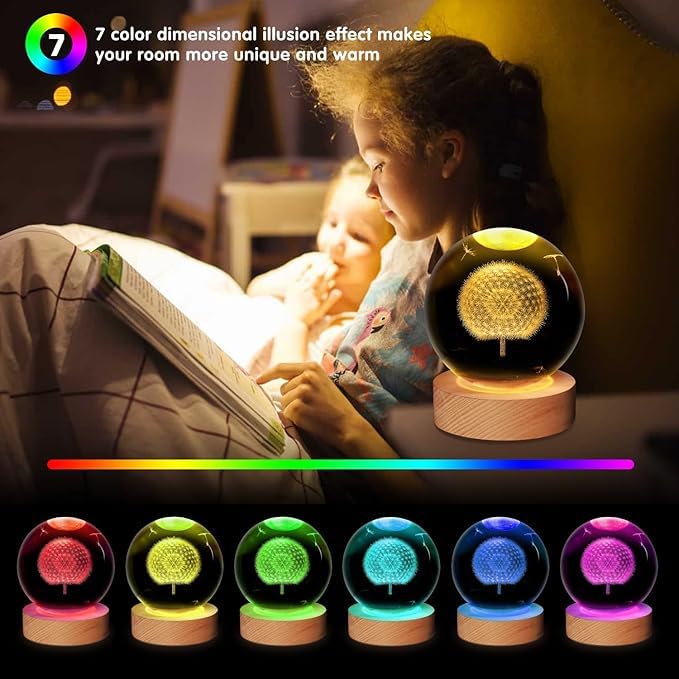 XERGY 3D Galaxy Crystal Ball Night Light, LED Solar System Crystal Ball Night Light with Wooden Base (Dandelion) - Image 2
