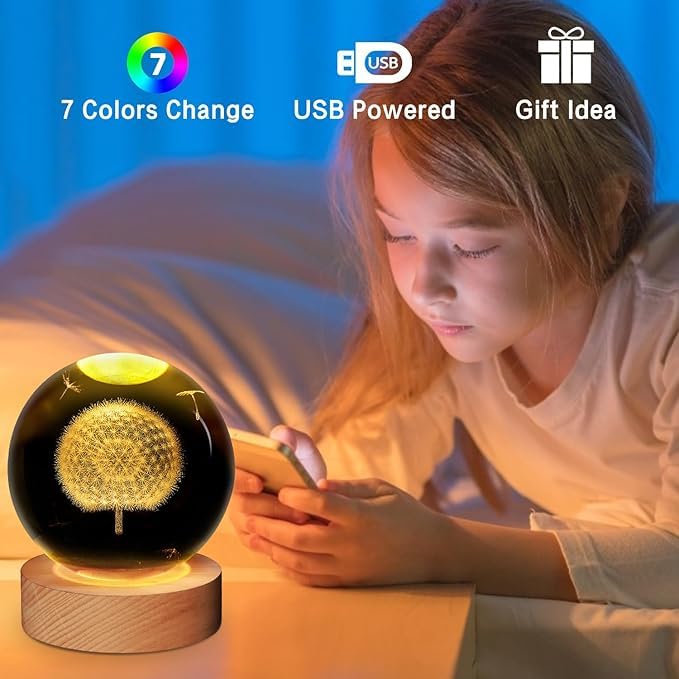 XERGY 3D Galaxy Crystal Ball Night Light, LED Solar System Crystal Ball Night Light with Wooden Base (Dandelion) - Image 4