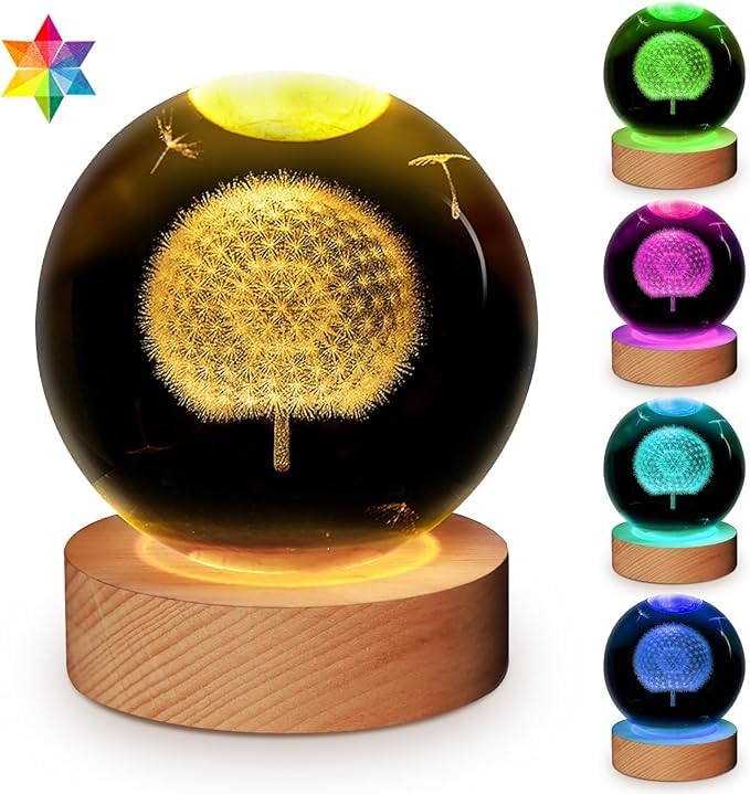 XERGY 3D Galaxy Crystal Ball Night Light, LED Solar System Crystal Ball Night Light with Wooden Base (Dandelion) - Image 1
