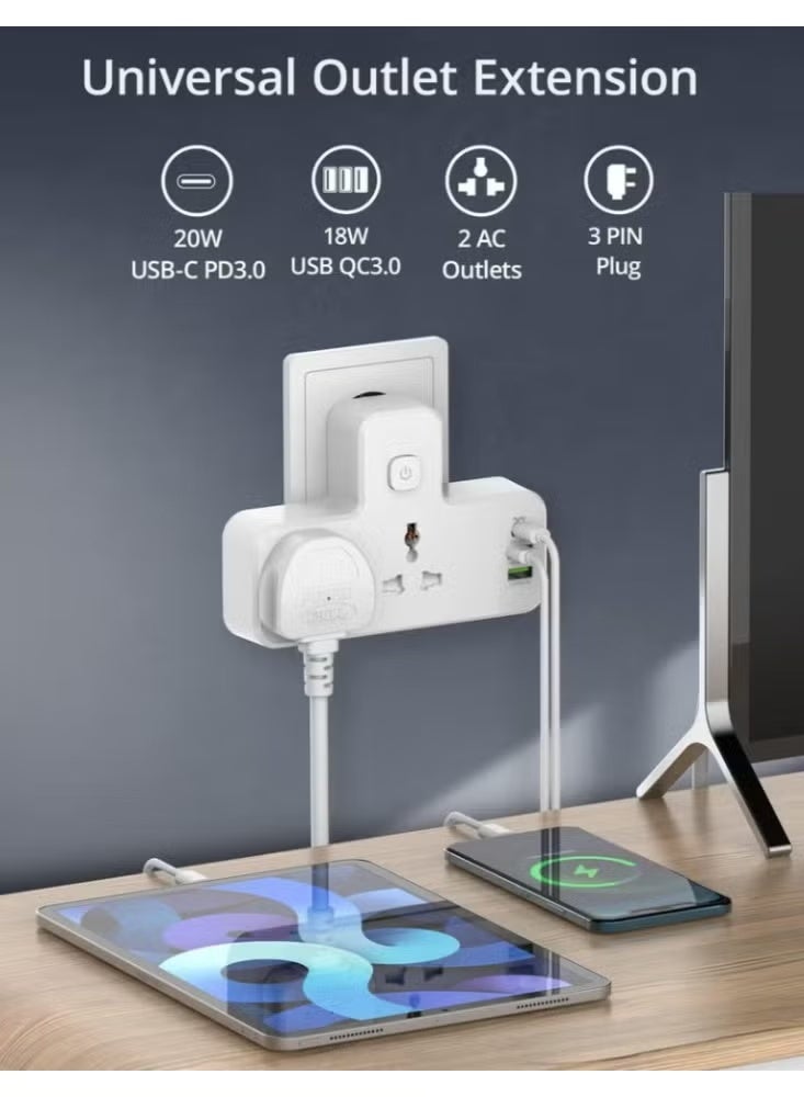 بيجانت مقبس تمديد طاقة 3 في 1 مع شحن سريع USB-C PD بقوة 20 واط، منفذي تيار متردد + منفذي USB-A + منفذ USB-C واحد، ضوء ليلي يعمل باللمس، محول متعدد المقابس صغير الحجم - Image 1