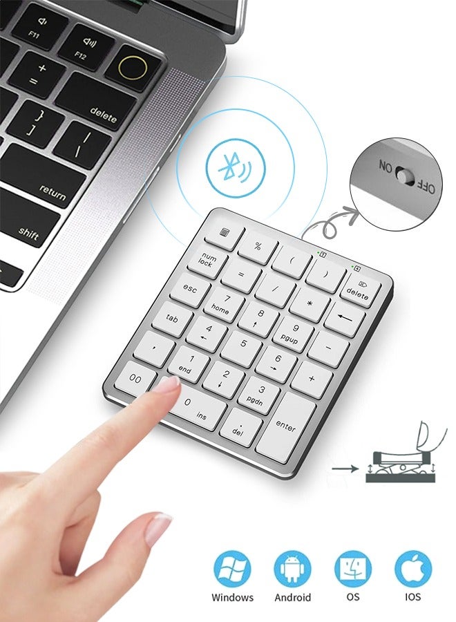 Wireless Number Pad, 28 Keys Numeric Keypad with 2.4G Mini USB Receiver, Portable Number Numpad Financial Accounting Bluetooth Wireless Number Pad for Laptop, PC, Notebook, Desktop, Surface Pro - Silver