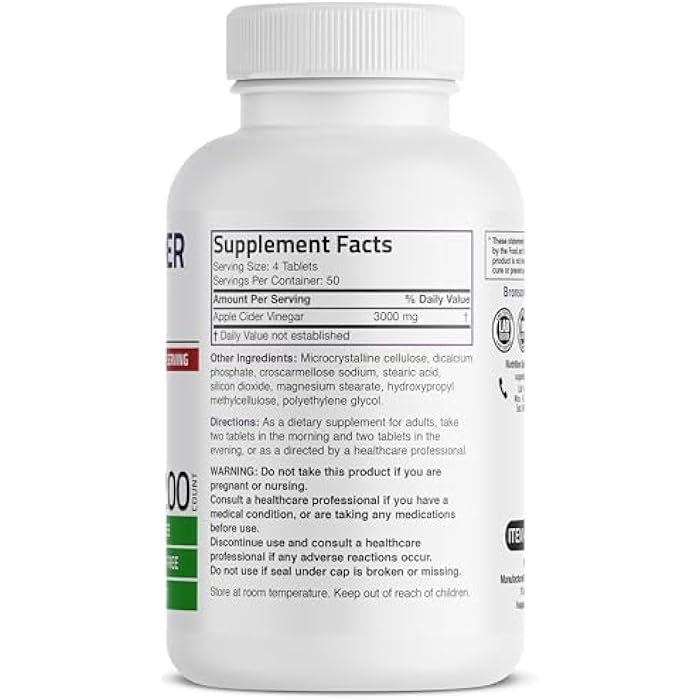 Bronson Apple Cider Vinegar 3000 MG per Serving Extra Strength - Non-GMO, 200 Vegetarian Tablets - Image 2
