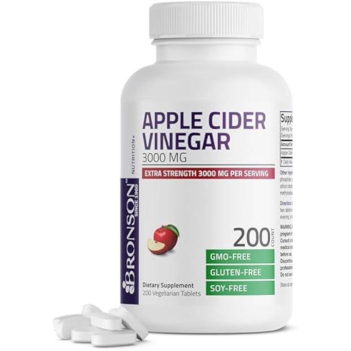 Bronson Apple Cider Vinegar 3000 MG per Serving Extra Strength - Non-GMO, 200 Vegetarian Tablets - Image 1
