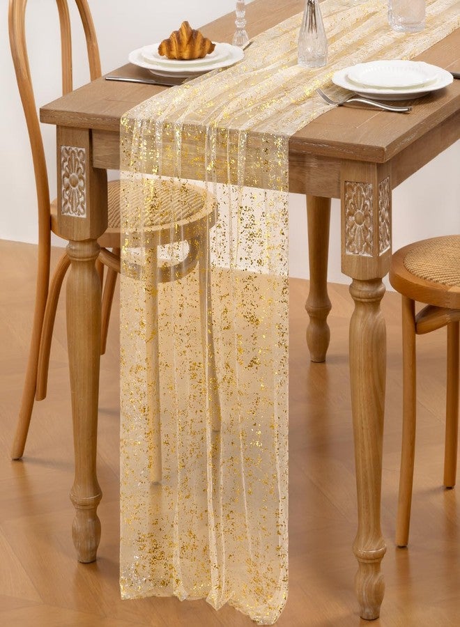 LINXTAR Beige Gold Table Runner Sheer Gauze Cheesecloth Runner 120 Inch Glitter Wedding Anniversary Party Decor for Dining Table Home Celebration - Image 3