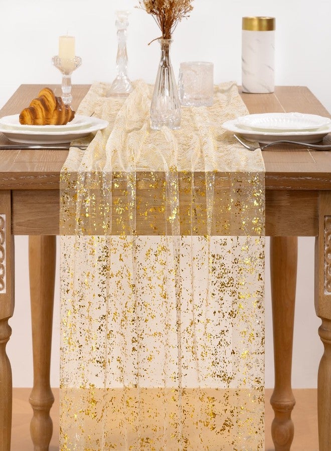 LINXTAR Beige Gold Table Runner Sheer Gauze Cheesecloth Runner 120 Inch Glitter Wedding Anniversary Party Decor for Dining Table Home Celebration - Image 2