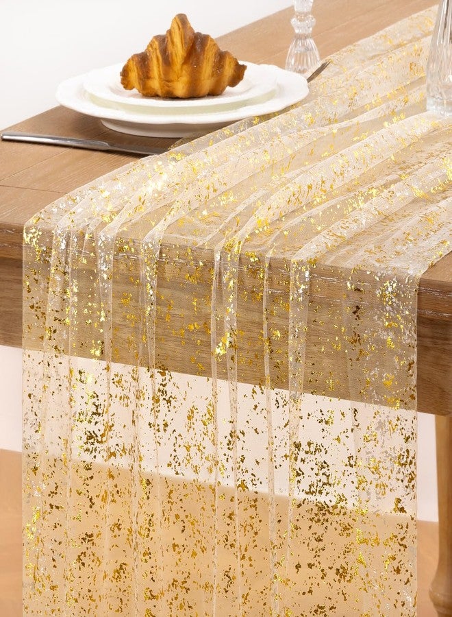 LINXTAR Beige Gold Table Runner Sheer Gauze Cheesecloth Runner 120 Inch Glitter Wedding Anniversary Party Decor for Dining Table Home Celebration - Image 1