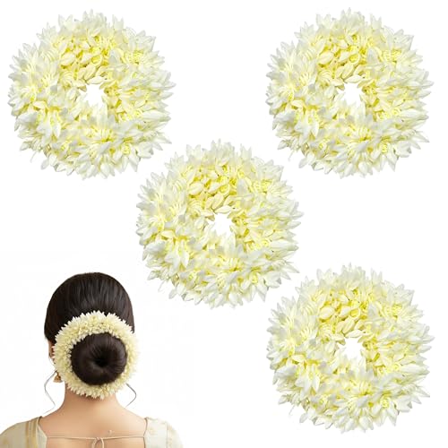 GLUN® Jasmine Flower Gajra for Hair Bun, Pack of 4 White Colour, Juda Hair Accessories for Women, Artificial Mogra Band - Image 1