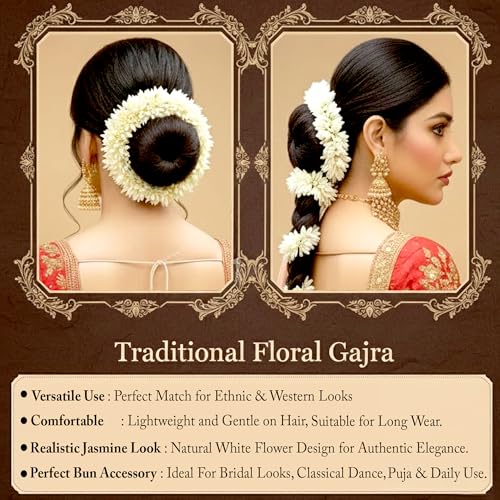 GLUN® Jasmine Flower Gajra for Hair Bun, Pack of 4 White Colour, Juda Hair Accessories for Women, Artificial Mogra Band - Image 2
