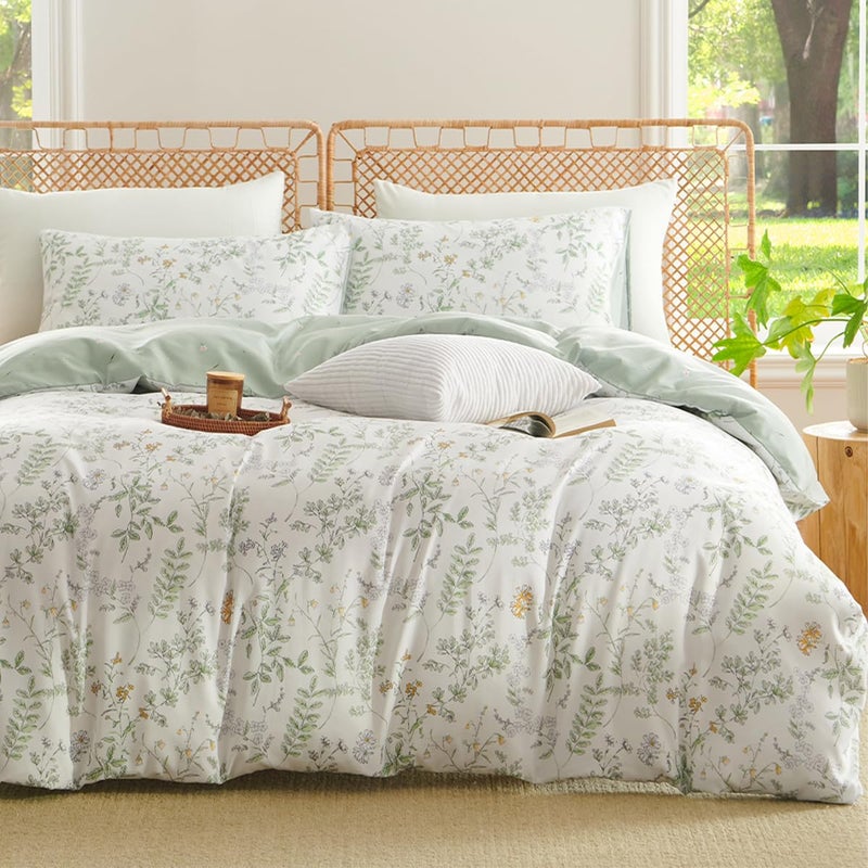 CCoutueChen Botanical Duvet Cover Queen Sage Green Reversible Floral Bedding Set Farmhouse Leaf Bedding 3Pcs Modern Aesthetic Duvet Covers with Zipper Closure Ultra Soft Microfiber - Image 1