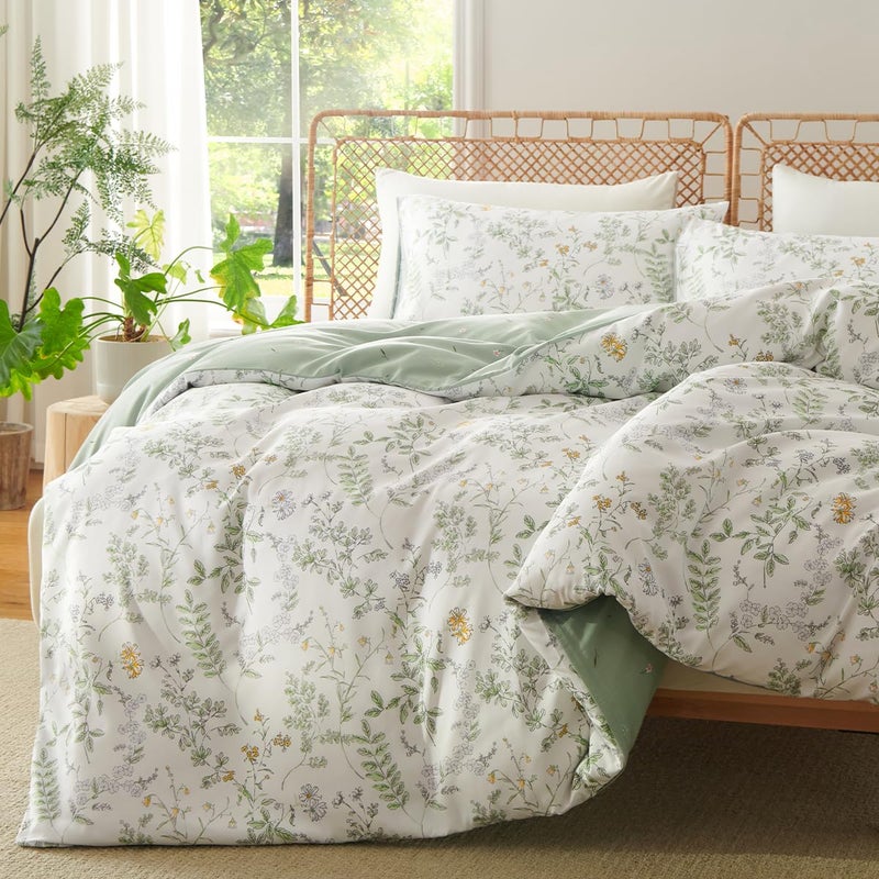 CCoutueChen Botanical Duvet Cover Queen Sage Green Reversible Floral Bedding Set Farmhouse Leaf Bedding 3Pcs Modern Aesthetic Duvet Covers with Zipper Closure Ultra Soft Microfiber - Image 3