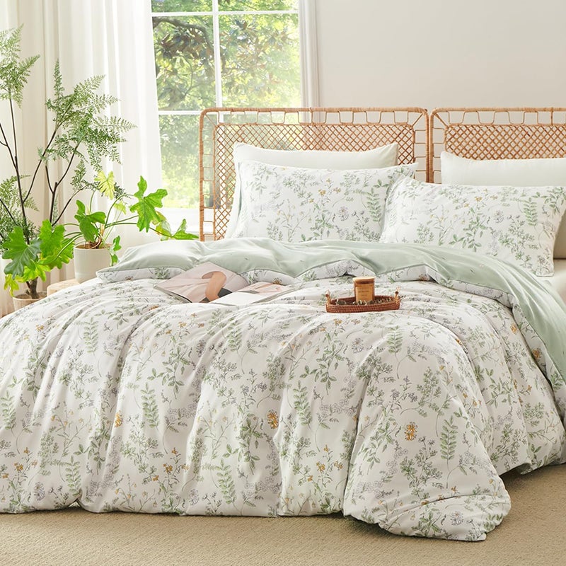 CCoutueChen Botanical Duvet Cover Queen Sage Green Reversible Floral Bedding Set Farmhouse Leaf Bedding 3Pcs Modern Aesthetic Duvet Covers with Zipper Closure Ultra Soft Microfiber - Image 2