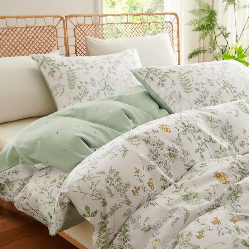 CCoutueChen Botanical Duvet Cover Queen Sage Green Reversible Floral Bedding Set Farmhouse Leaf Bedding 3Pcs Modern Aesthetic Duvet Covers with Zipper Closure Ultra Soft Microfiber - Image 5