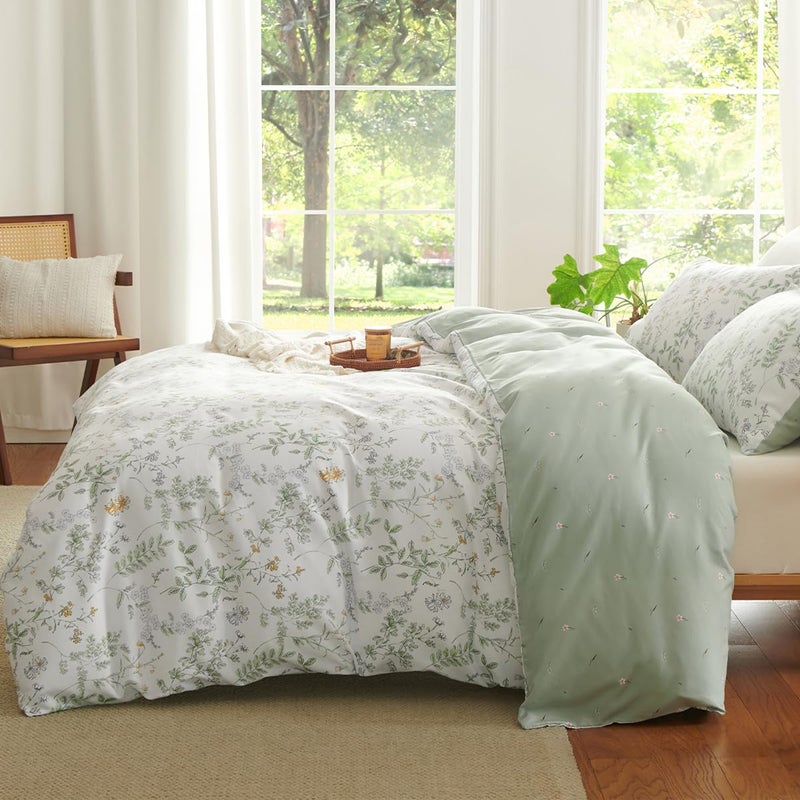 CCoutueChen Botanical Duvet Cover Queen Sage Green Reversible Floral Bedding Set Farmhouse Leaf Bedding 3Pcs Modern Aesthetic Duvet Covers with Zipper Closure Ultra Soft Microfiber - Image 4