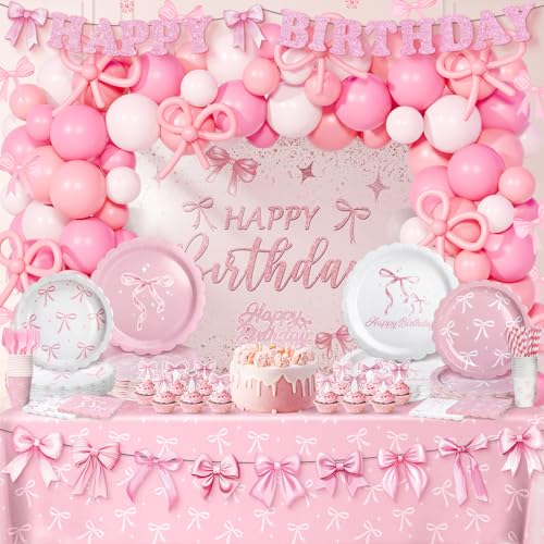 Vistico Pink Bow Coquette Birthday Decorations for 24 Guests Party Supplies with Plates Napkins Cups Balloon Garland Arch Happy Birthday Banner Tablecloth Backdrop Cake Cupcake Toppers - Image 1